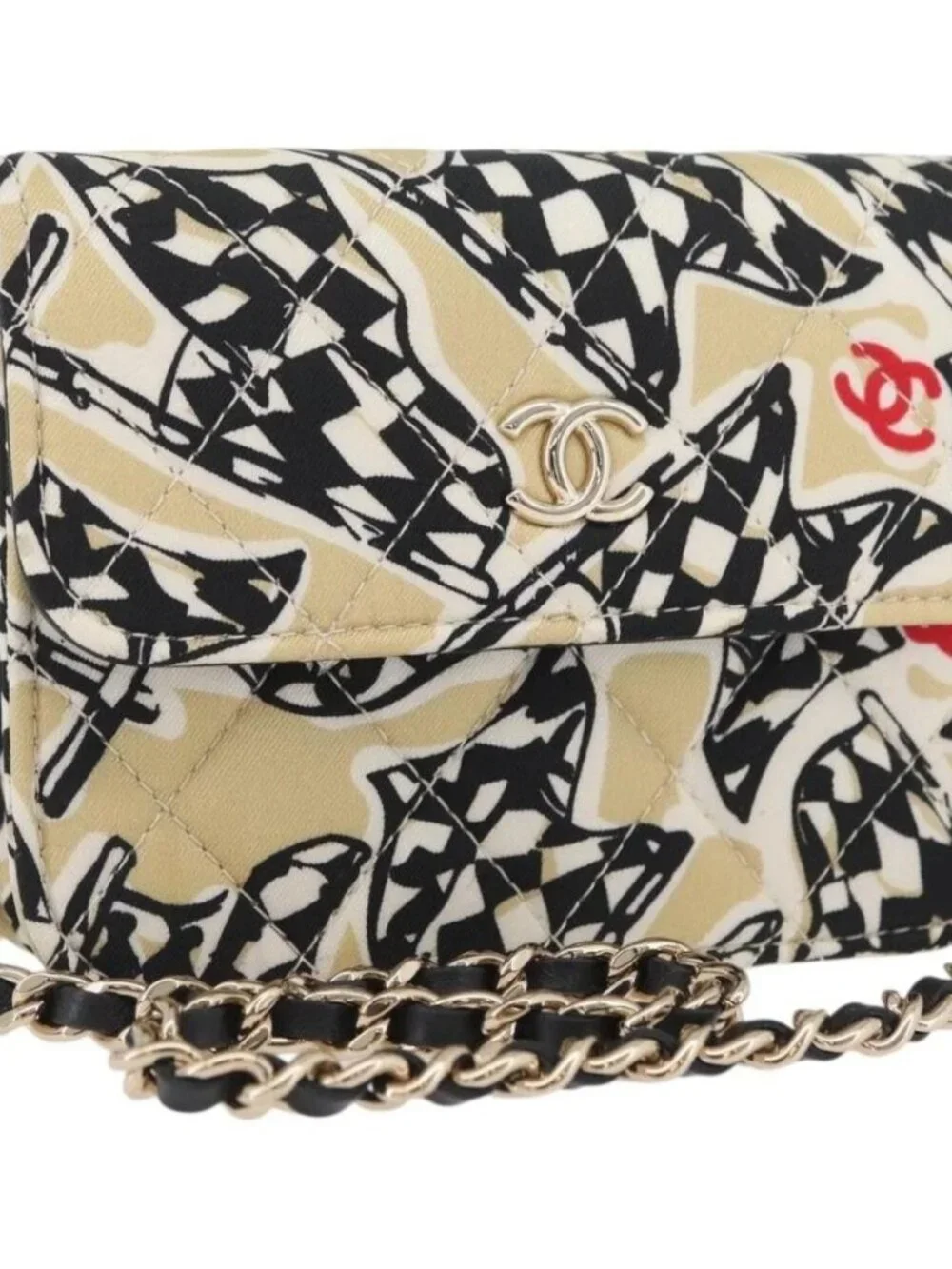 CHANEL Mini Matelasse 12 Chain Pouch Shoulder Satin Beige Gold CC Auth 171471SAM
